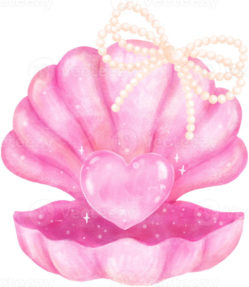 Pink Coquette Open Clam Sea Shell with Pearl Bow watercolour png