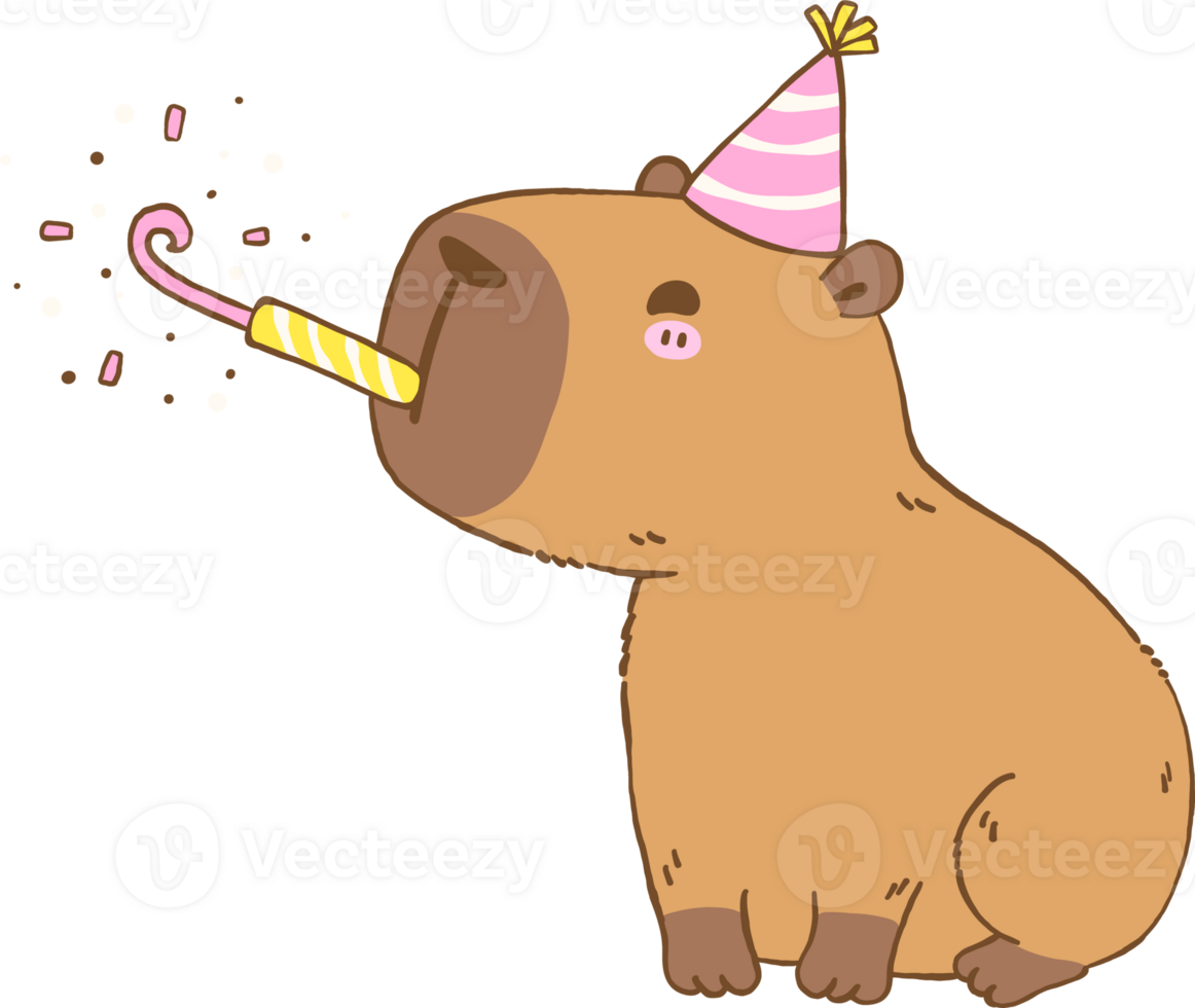 Cartoon Birthday Capybara Celebrating with Party Blower png