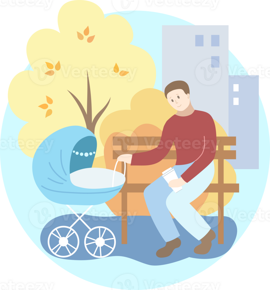 Father with blue baby stroller in the park. Autumn png