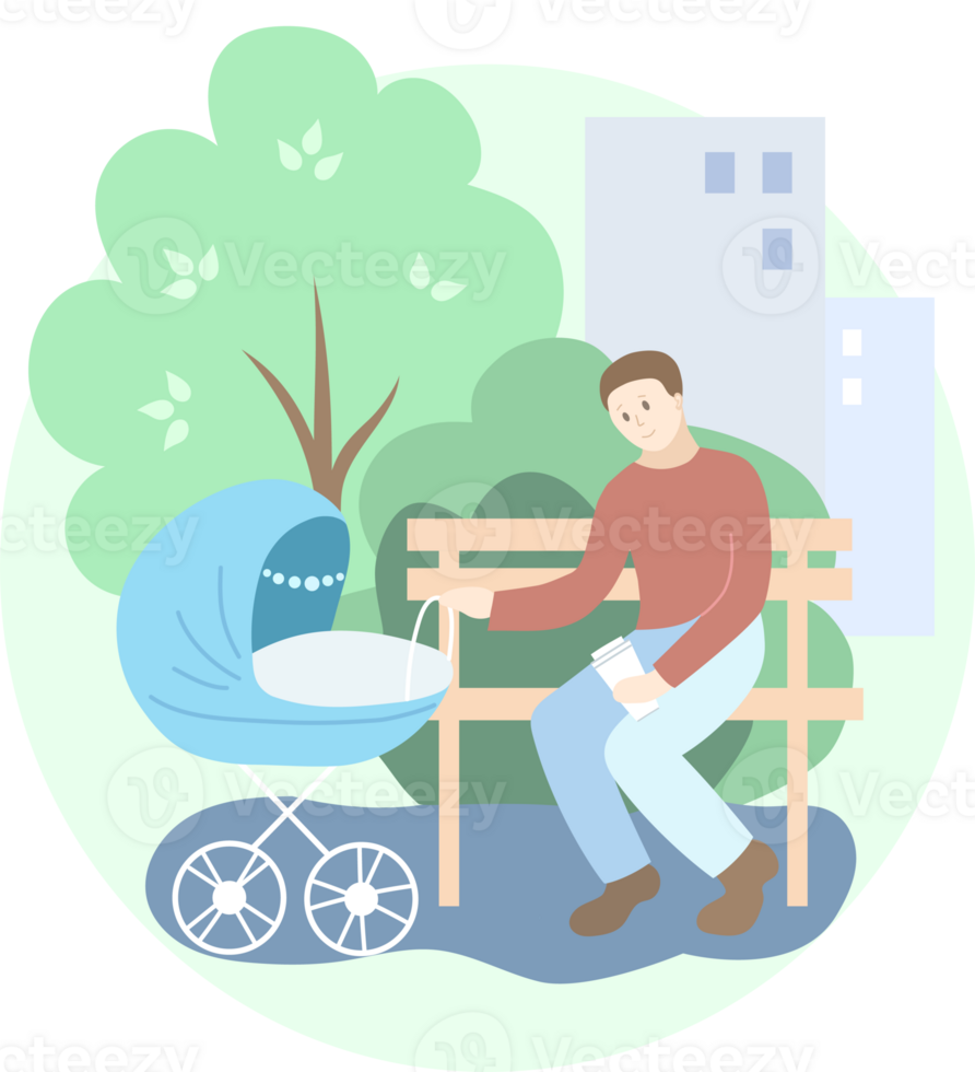 Father with blue baby stroller in the park. Summer png
