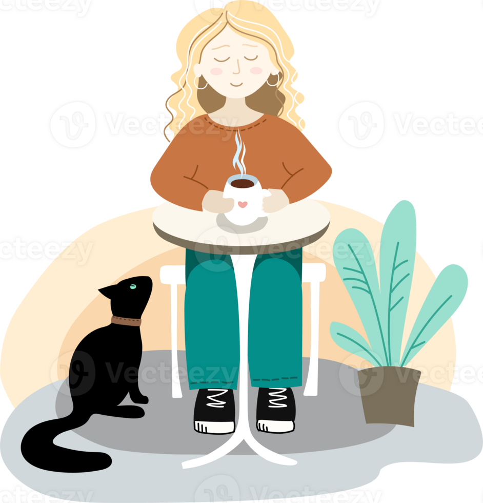 A woman with a cup of coffee at a table. A black cat is sitting under the table png