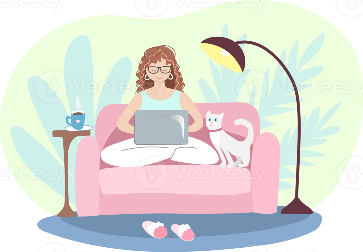 Woman working on laptop at home with her cat. Hand drawn png
