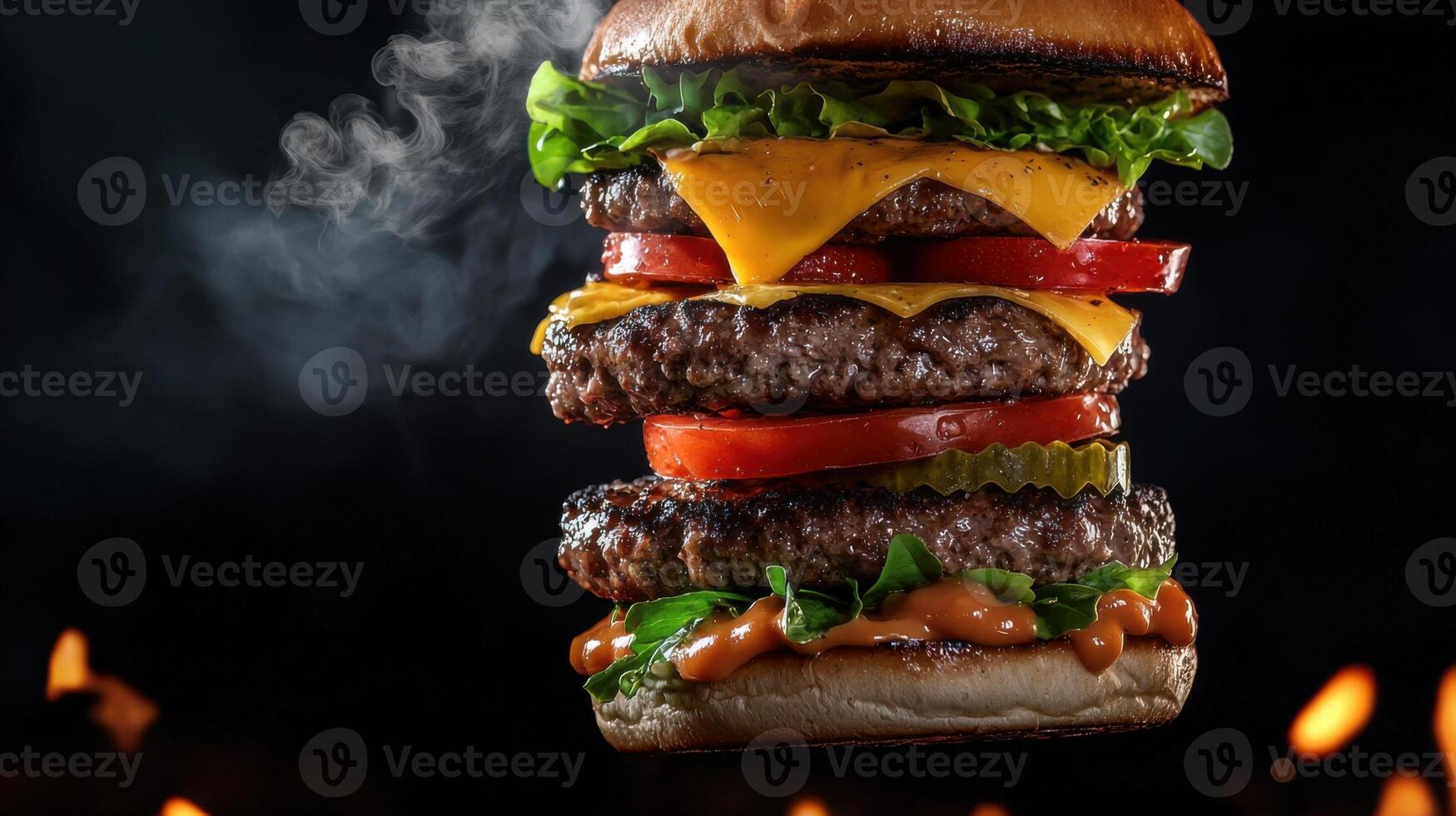 A large hamburger with cheese, lettuce, and tomato on top photo
