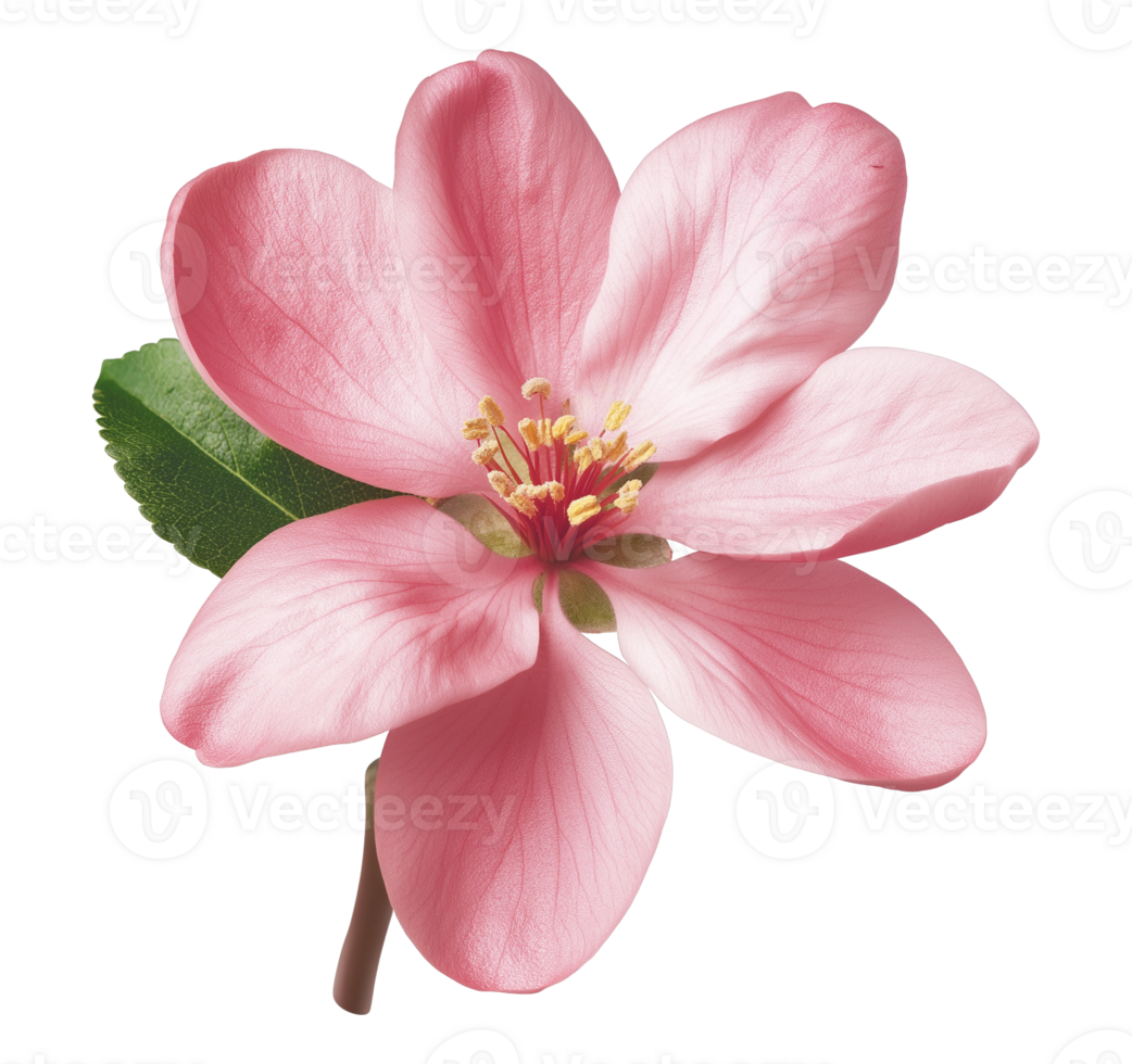 Pink apple blossom with soft petals image isolated transparent. Orchard bloom. Floral specimen cut out . Botanical flower with green leaf cutout element object photography png