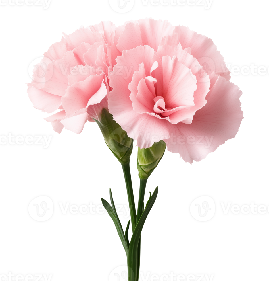Light pink carnation flowers on stem image isolated transparent. Dianthus caryophyllus. Floral specimen cut out . Fresh bloom. Clove pink cutout element object photography png