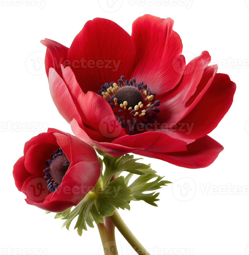 Red anemone coronaria flowers in full bloom image isolated transparent. Floral spanish marigold cut out . Ornamental plant. Botanical windflower cutout element photography png