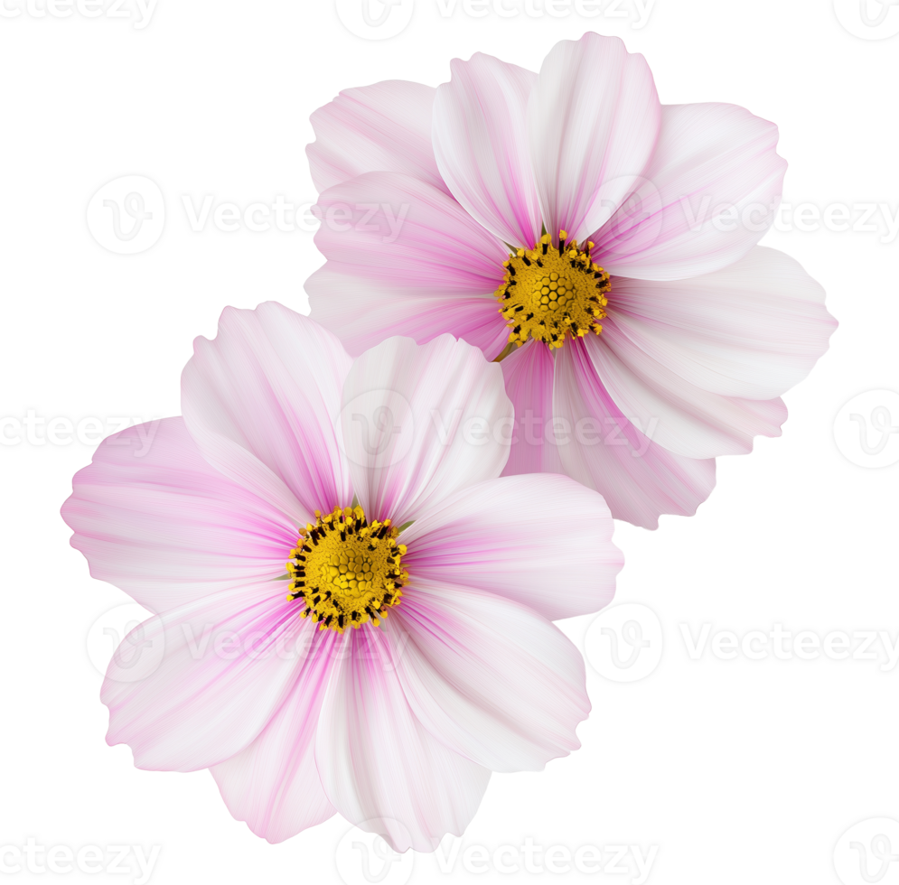 Soft white-pink cosmos pair with yellow centers image isolated transparent. Floral mexican aster cut out . Cosmea bloom. Botanical asteraceae cutout element object photography png