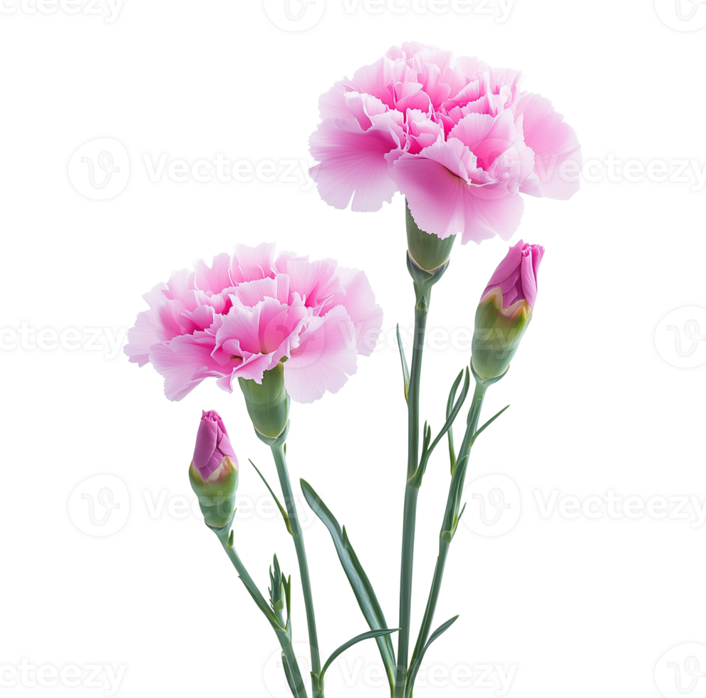 Blooming pink carnations and buds image isolated transparent. Dianthus caryophyllus. Floral clove pink cut out . Mother day flowers cutout element object photography png