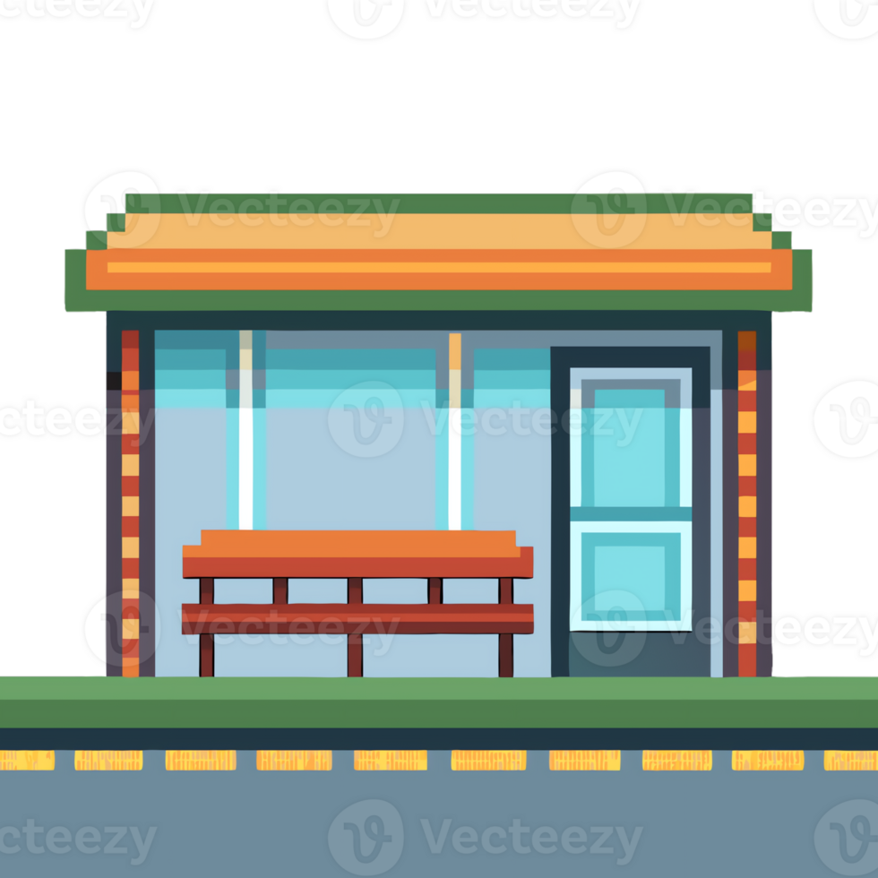 Colorful pixel art bus stop with bench and road setting png