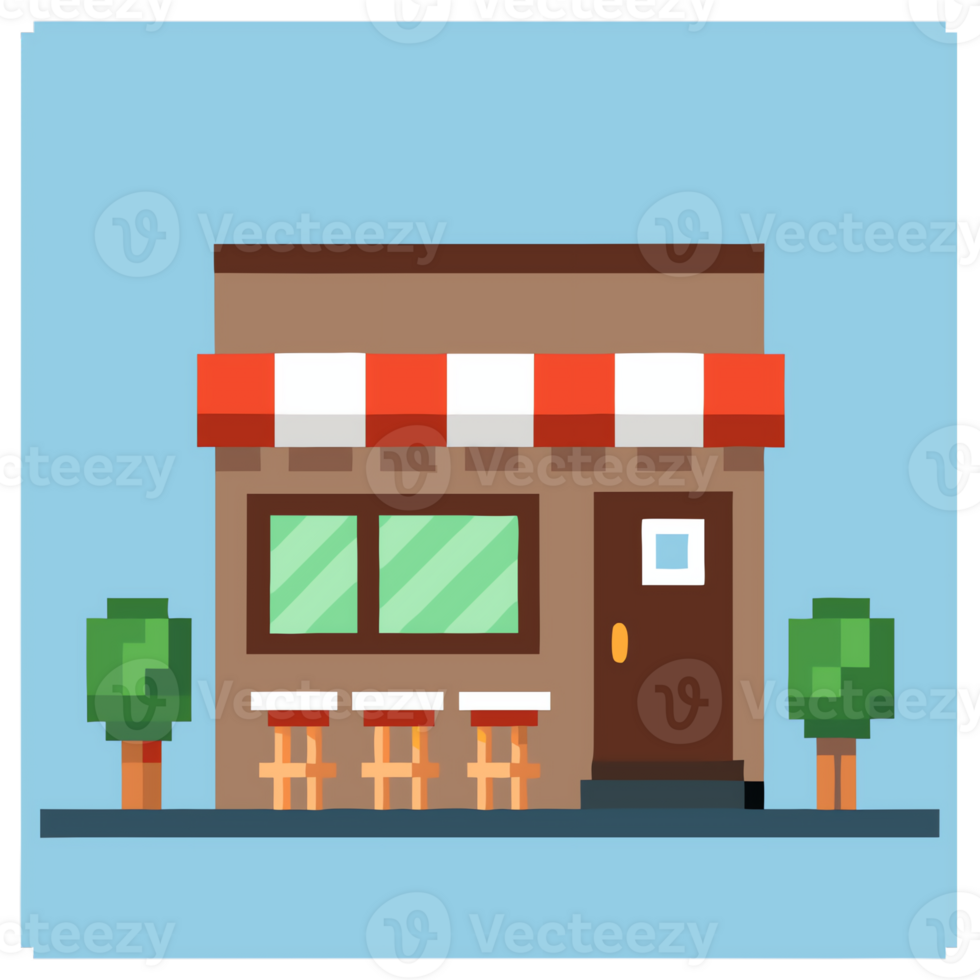 Pixel art style cafe with outdoor seating and bright blue sky backdrop png