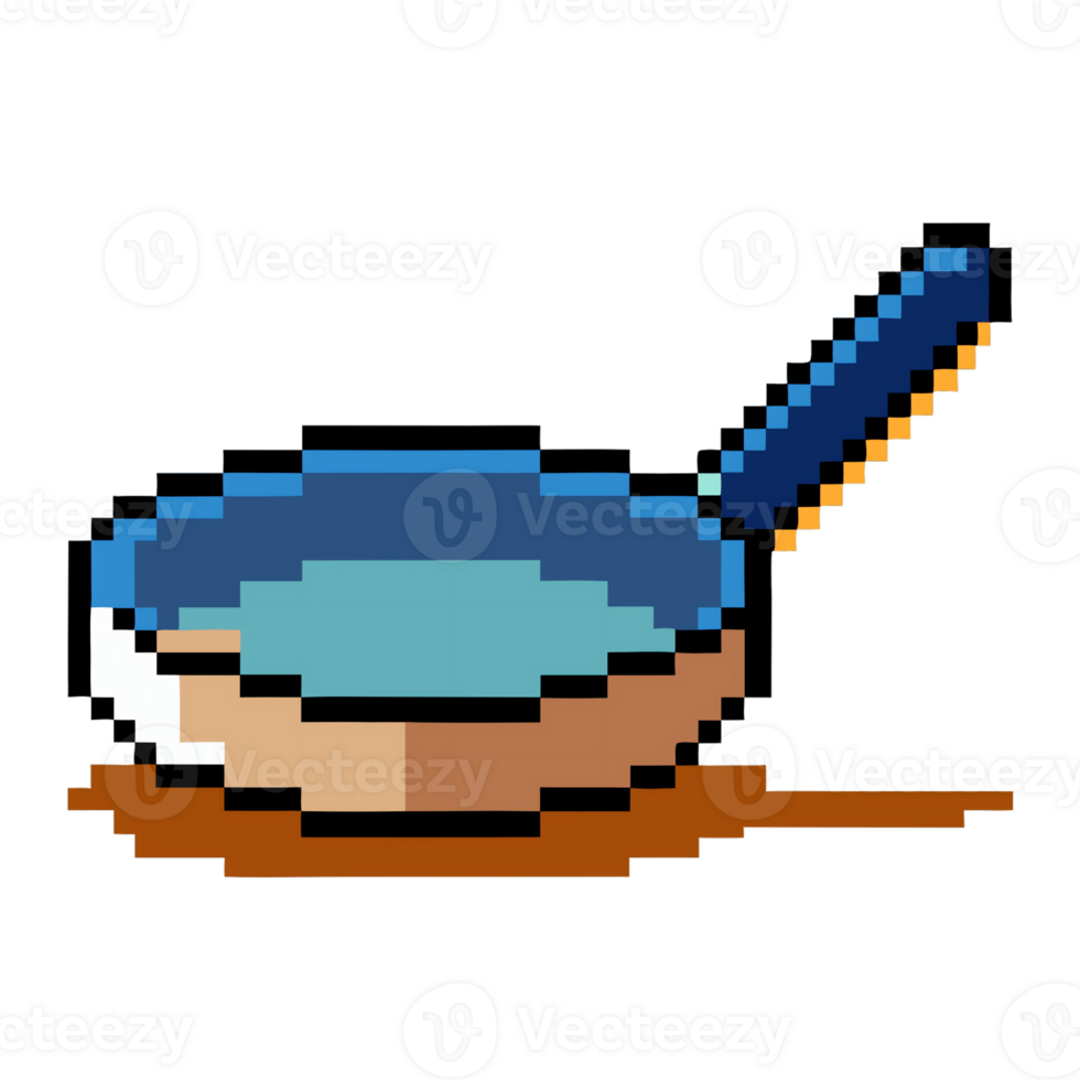 Illustration of a pixel art frying pan on a flat surface in a simple design png