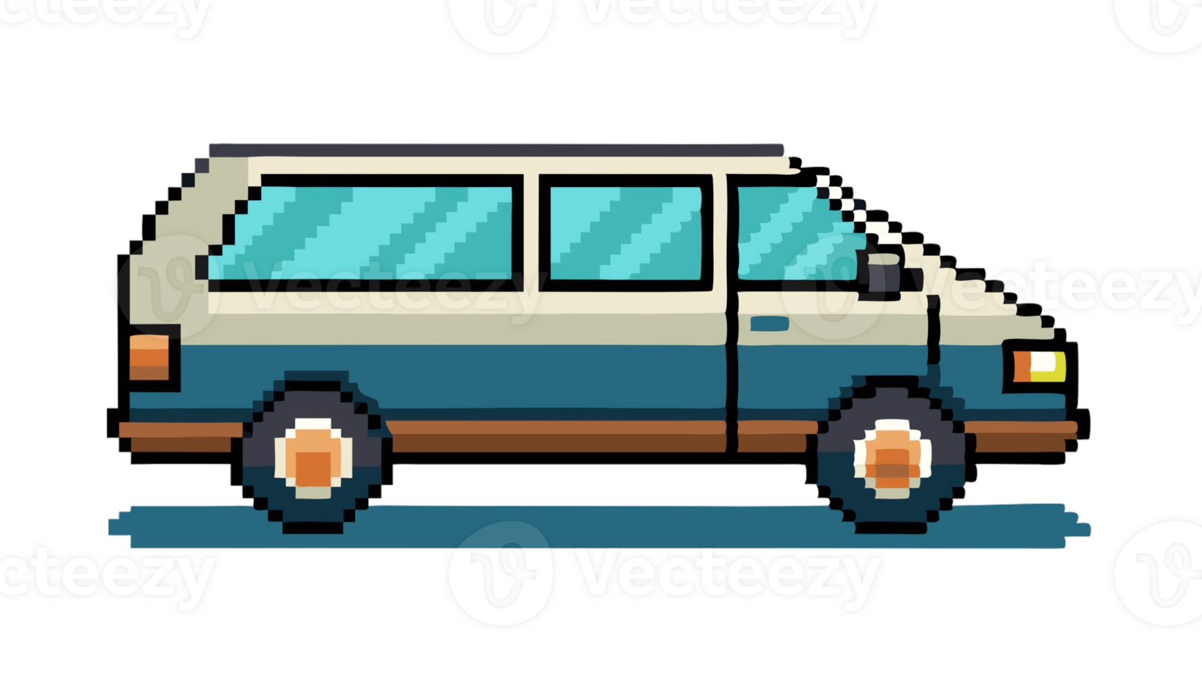 Pixel art minivan parked with a shadow underneath, in a cartoon style png