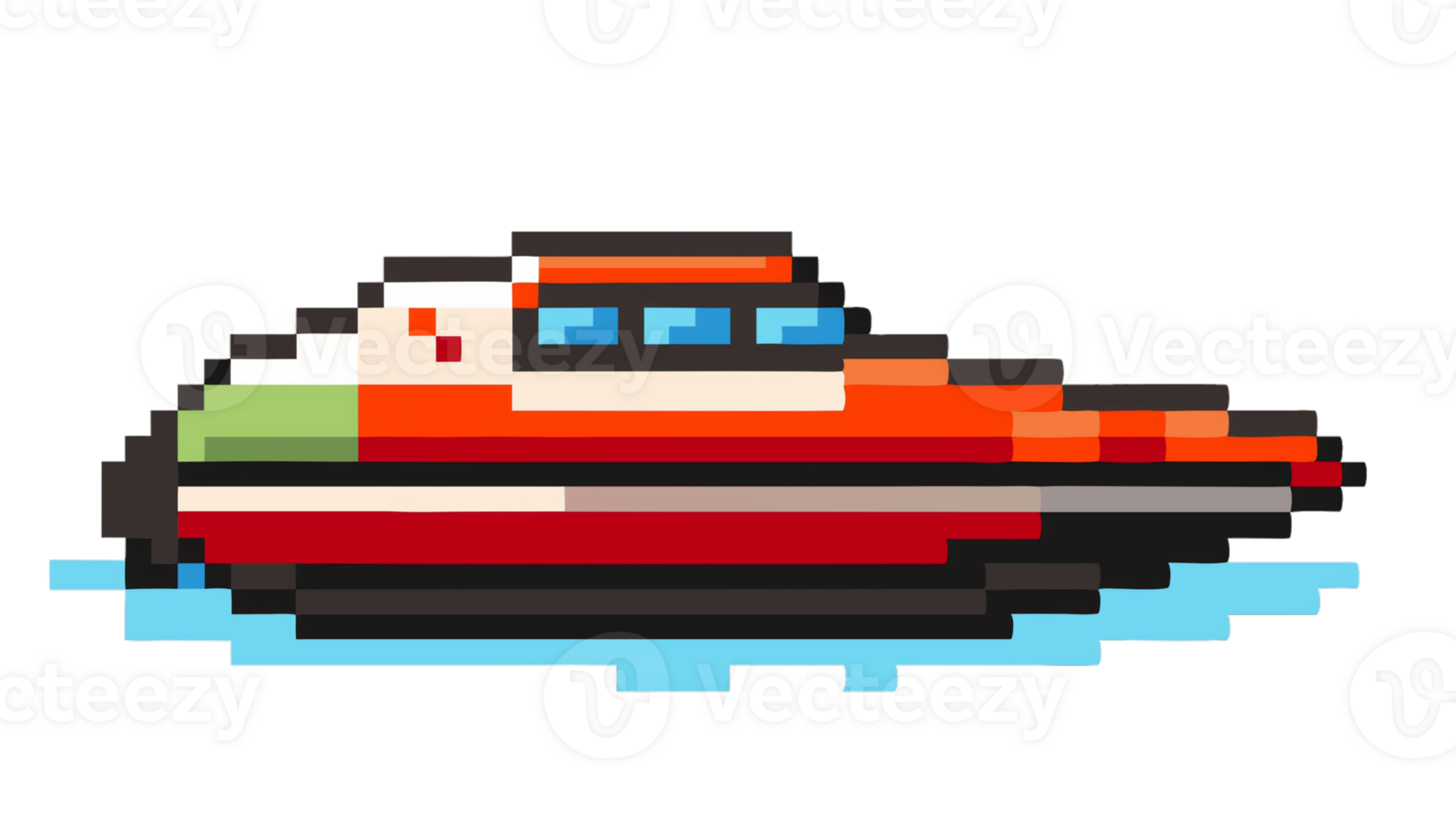 Speedboat cruising on calm waters in pixel art style with bright colors png