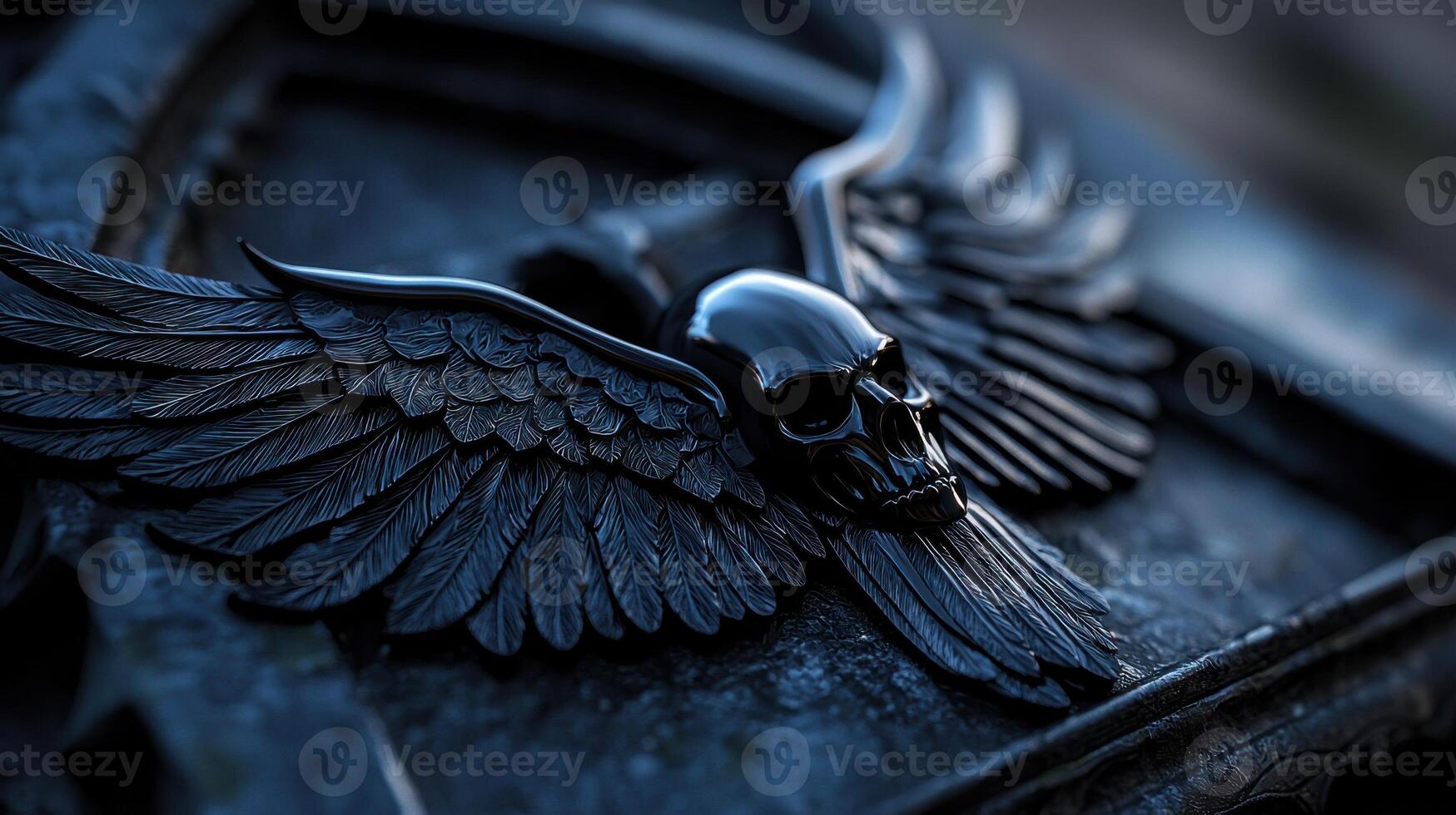 A black and silver winged skull with a black feather photo