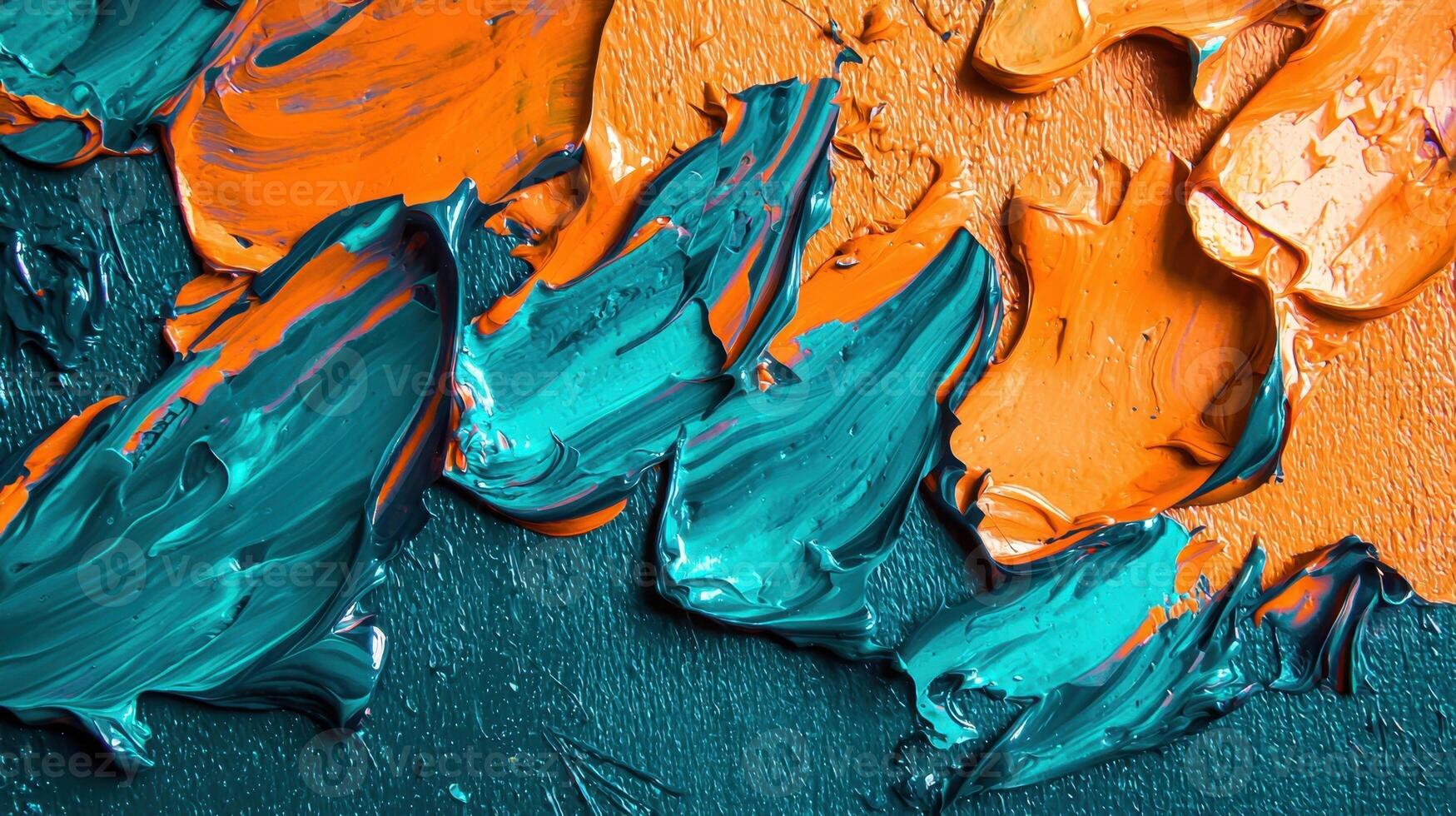 Bold strokes of orange and teal create a dynamic abstract composition. The thick paint application adds depth, reflecting artistic expression and vibrant energy photo