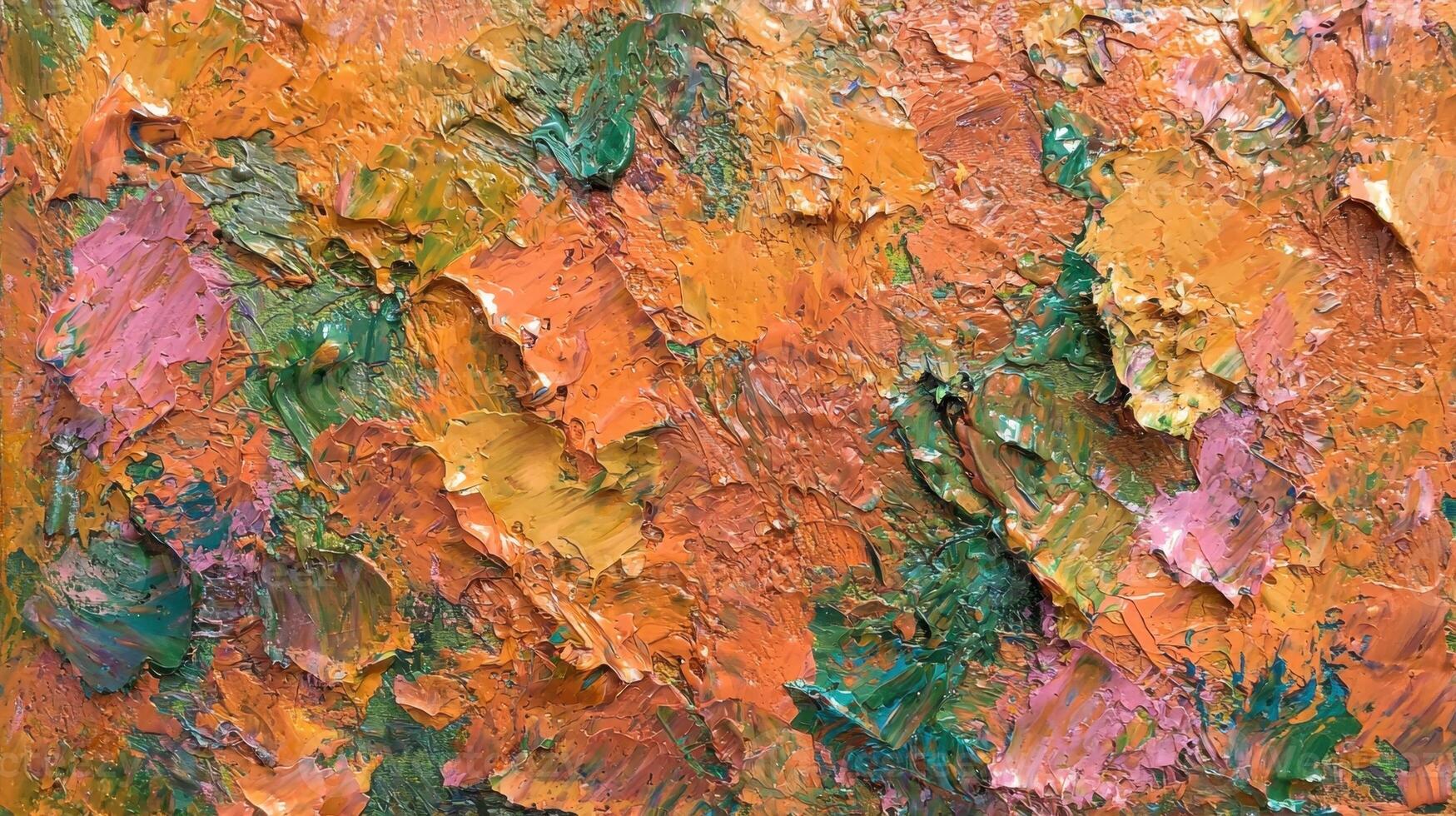 Bright, textured surface showcases a fusion of colors including orange, green, and pink. The dynamic layers add depth and movement to the artwork, illustrating creative expression photo