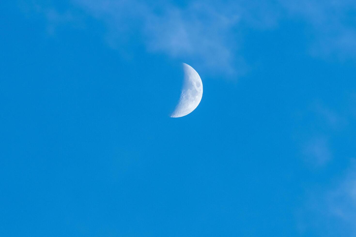 Crescent moon on clear blue sky with soft clouds in evening spring,Image close up view with details of the moon surface, natural astronomic photo