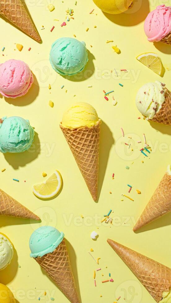 wallpaper ice cream summer background with colorful scoops and cones photo