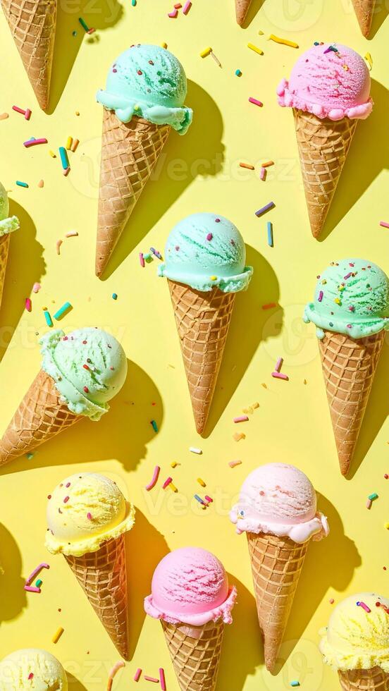 sweet vertical ice cream summer background with colorful scoops and cones photo