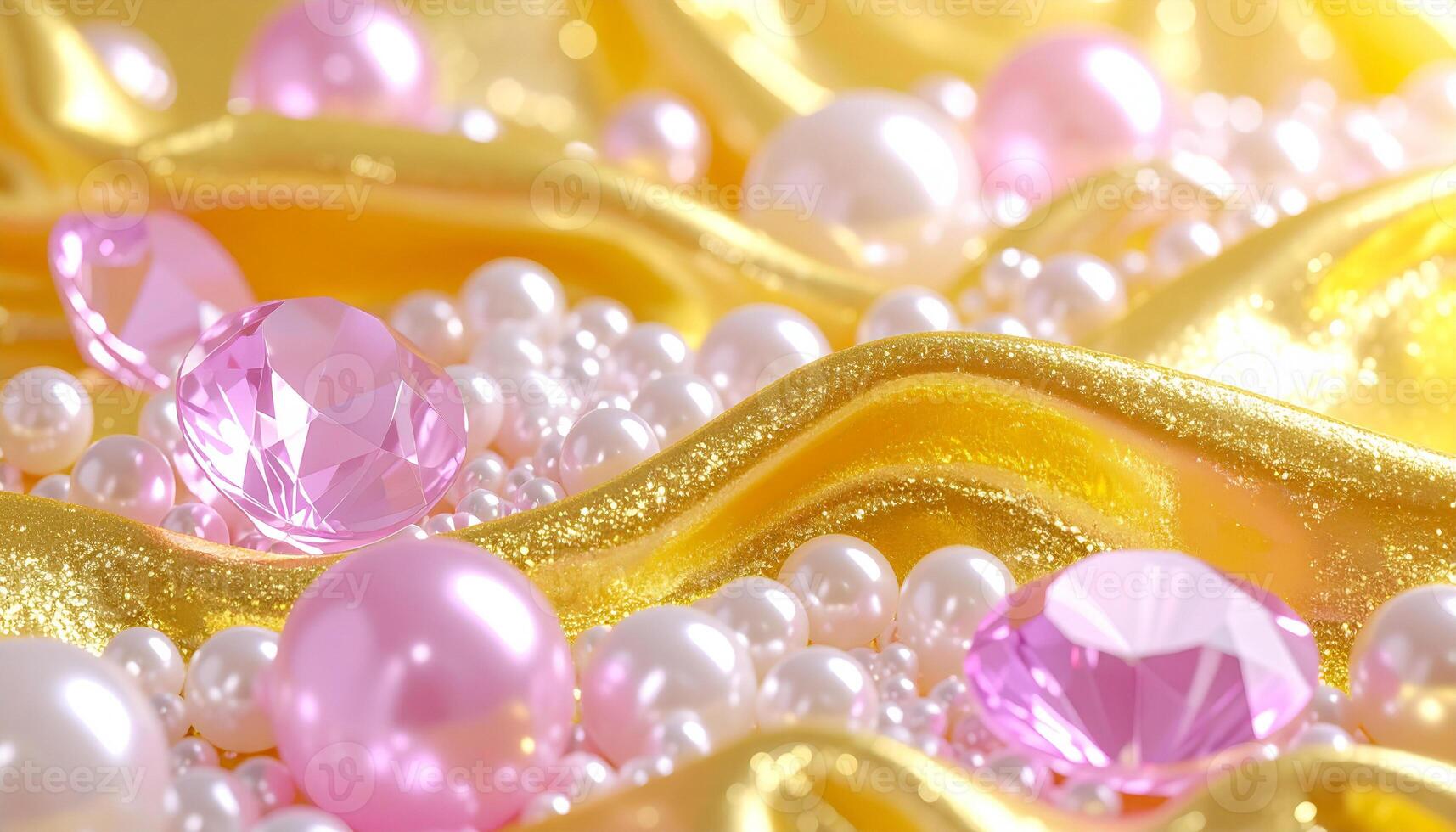 Luxury realistic pink and yellow background with pearls and gemstones photo