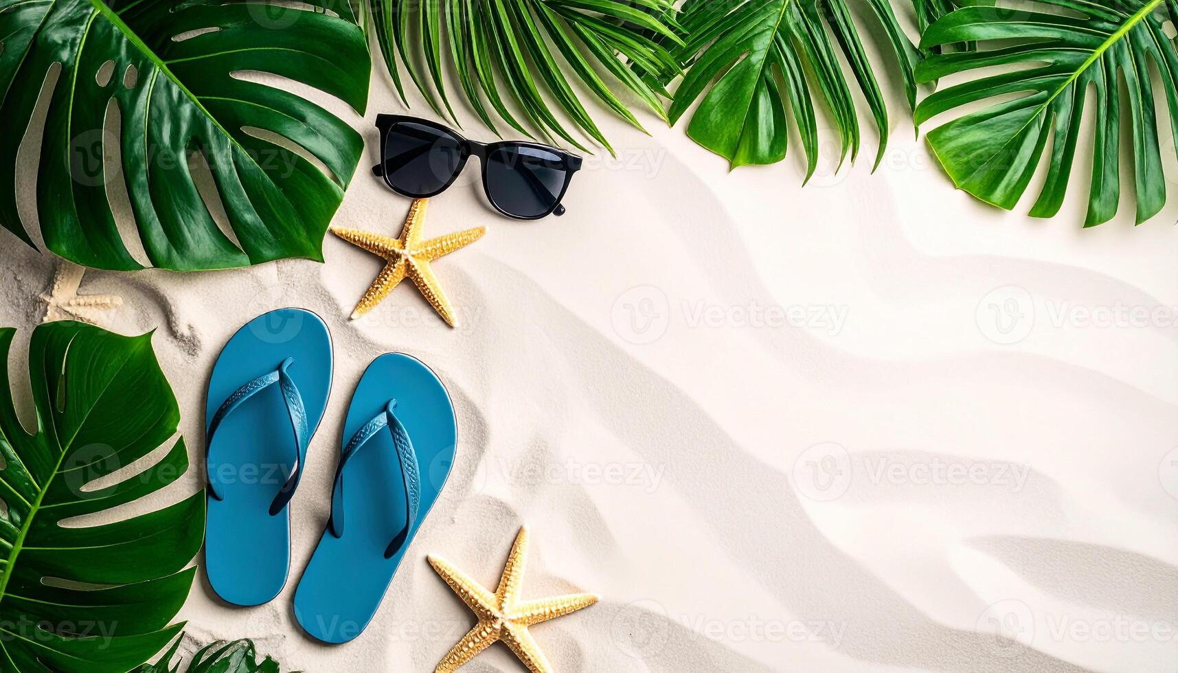 summer background with tropical leaves and seafish and copyspace photo