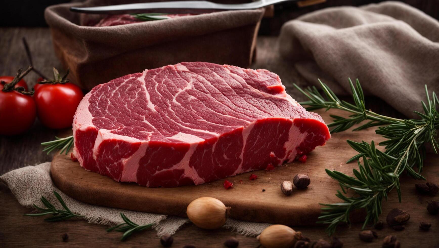 Raw beef steak on wooden cutting board with herbs and vegetables photo