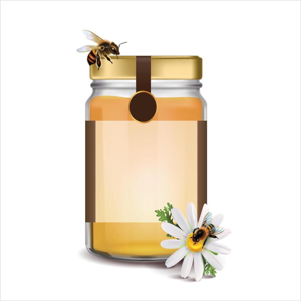 Glass jar containing sweet honey vector