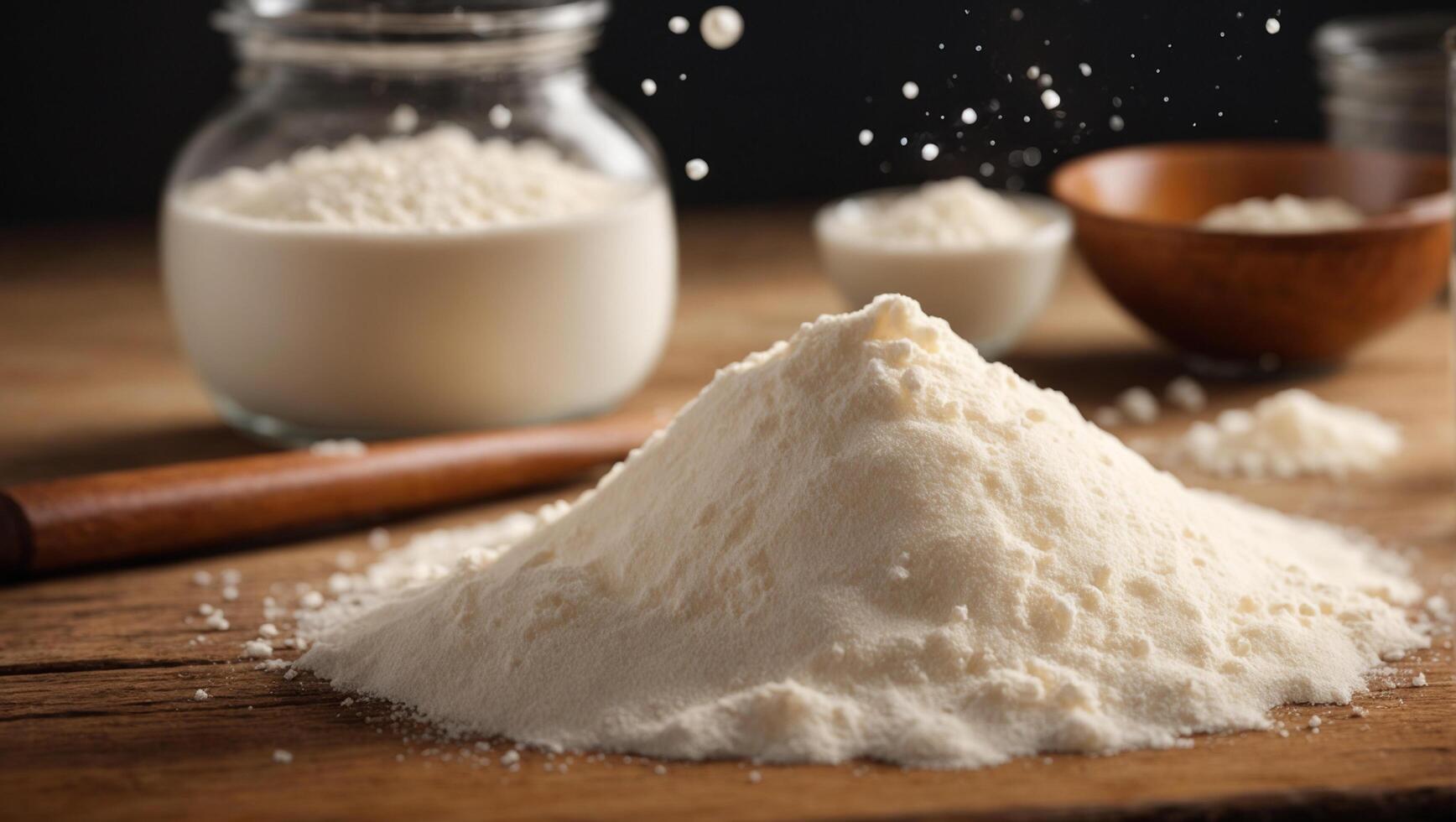 A pile of flour on a wooden table photo