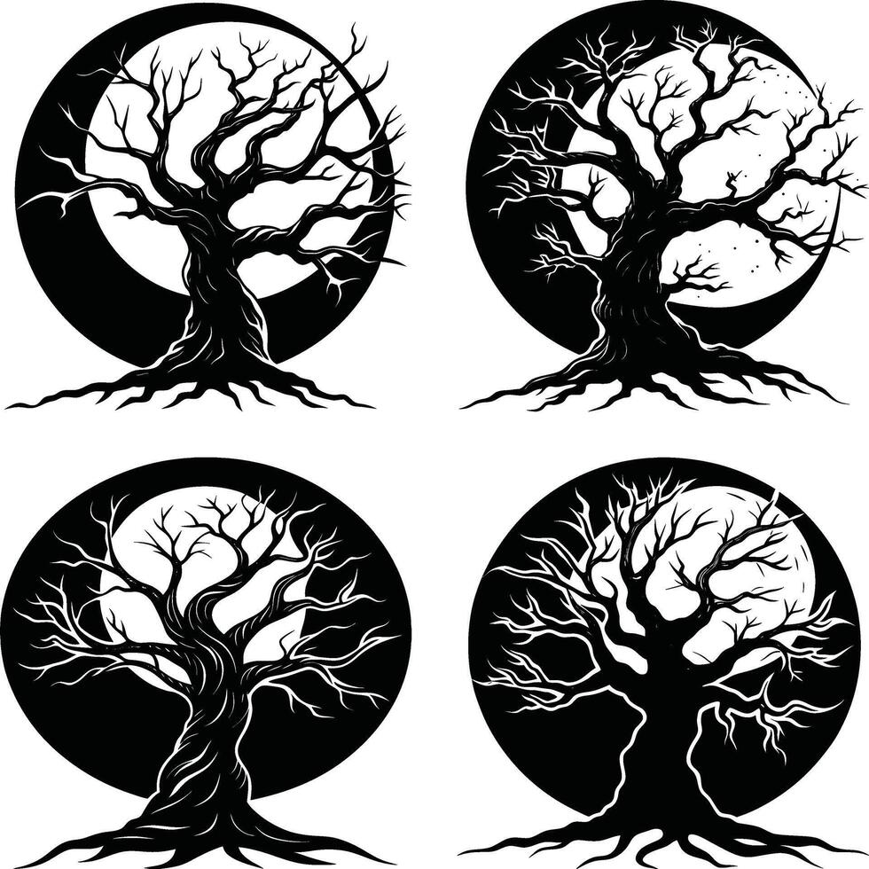 Silhouette trees in front of the moon magical and mystical set vector