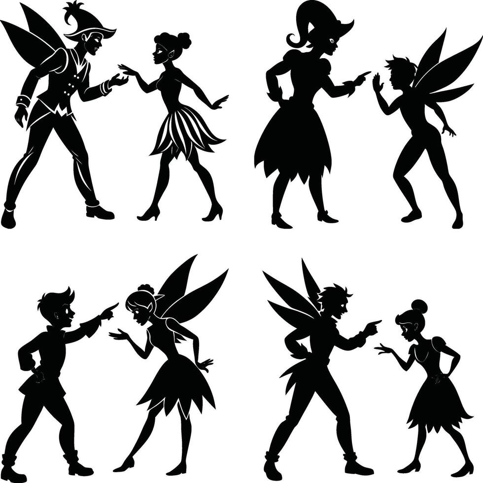 Silhouette illustration of fairies and pixies in argumentative poses vector