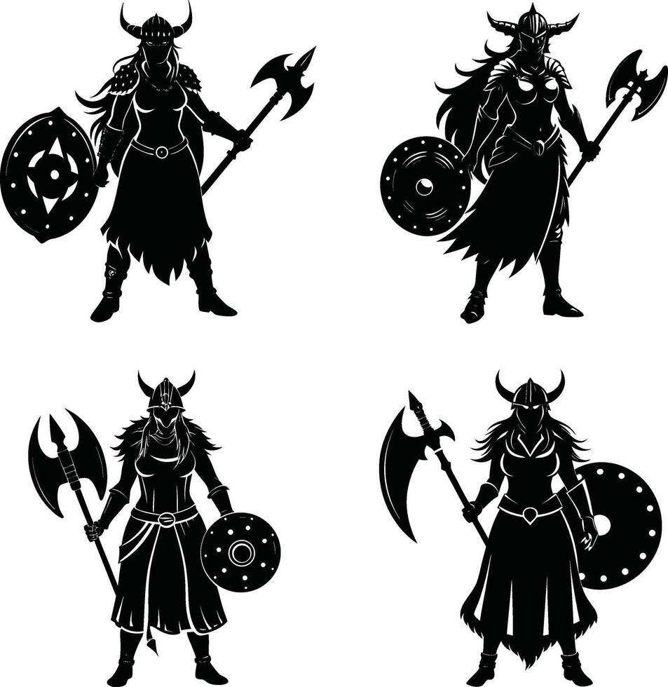 Viking warrior woman silhouette set with helmet shield and axe poses vector