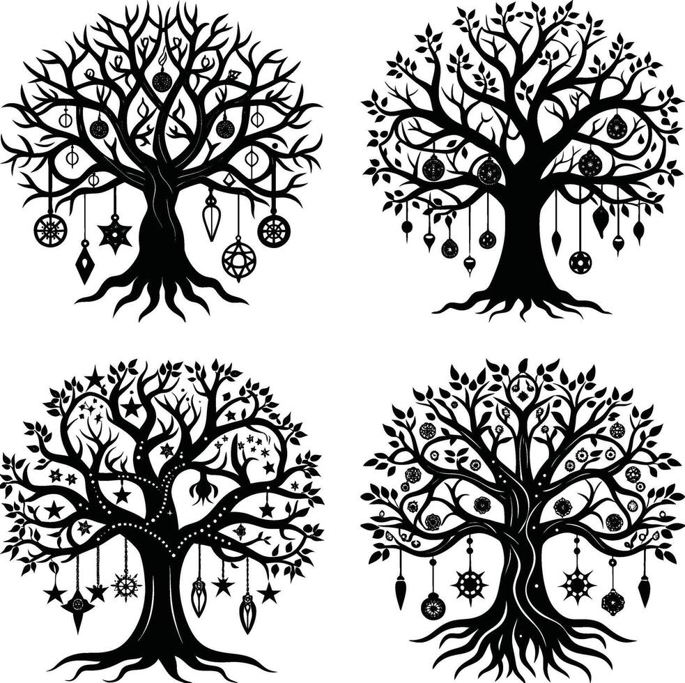 Ornamental tree silhouette collection with geometric decorations on branches and roots vector