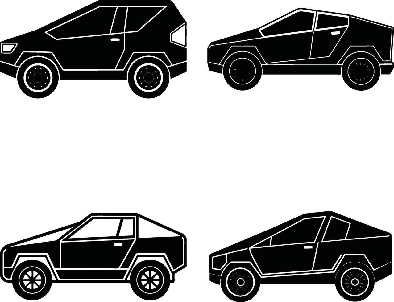 Black and white outline illustrations showcasing four different car design concepts vector