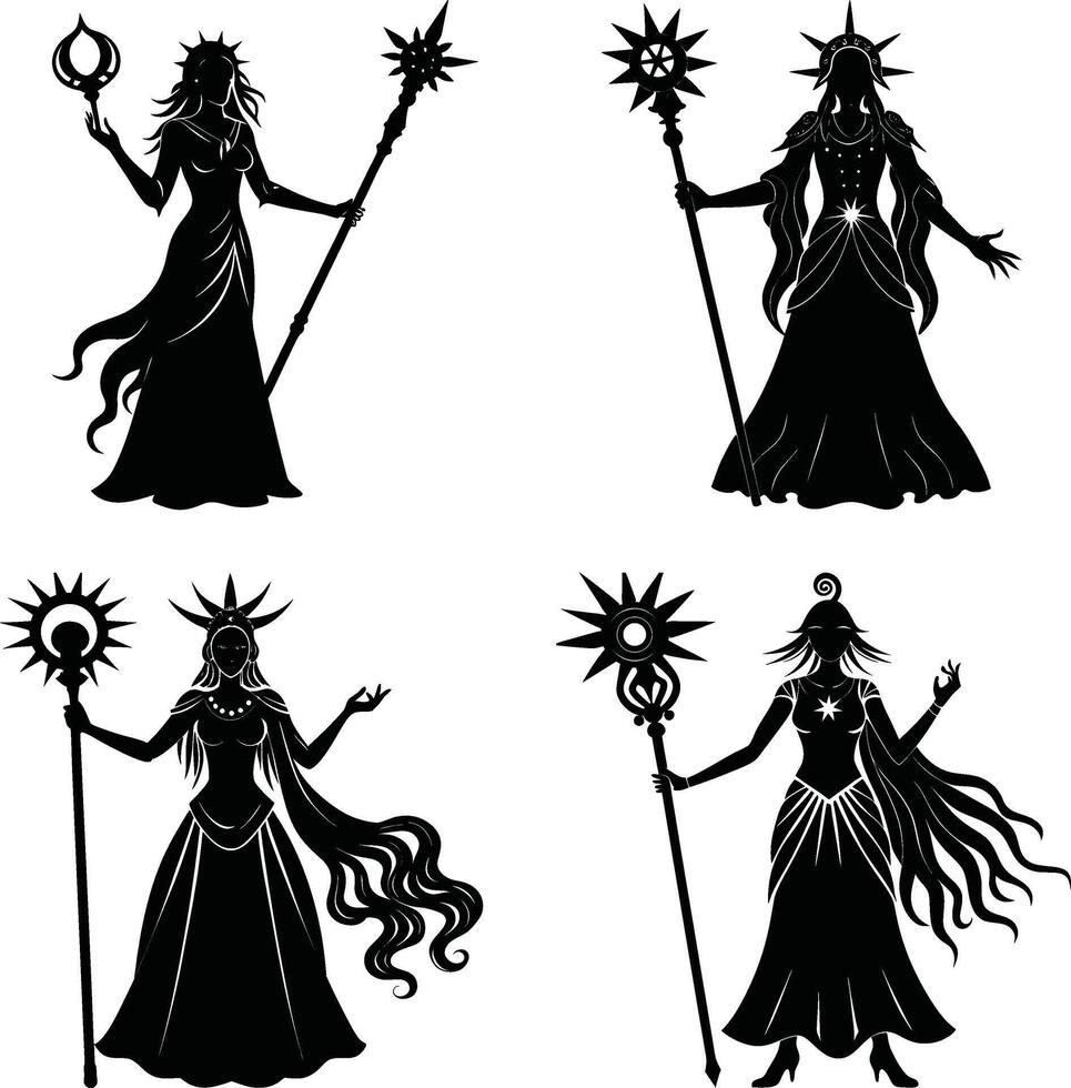 Set of goddess silhouettes with staffs crowns and celestial symbols vector