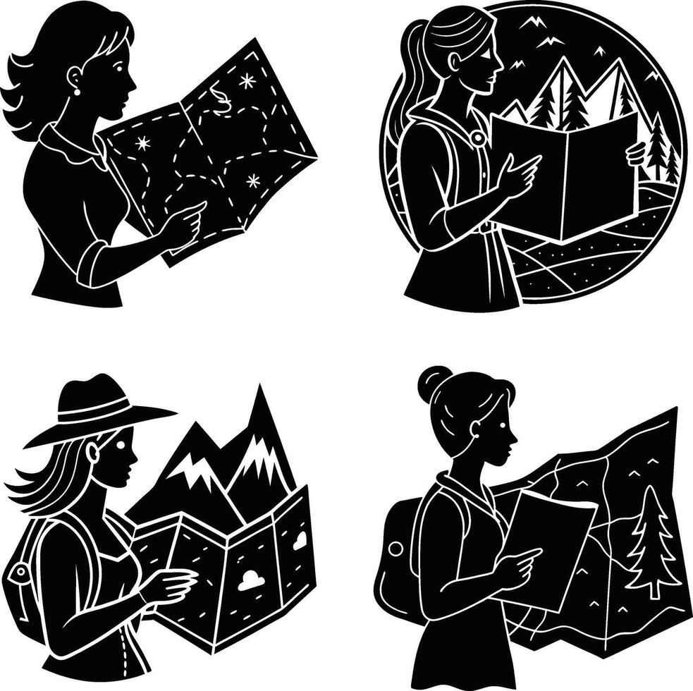 Female hikers with maps in black and white graphic style set vector