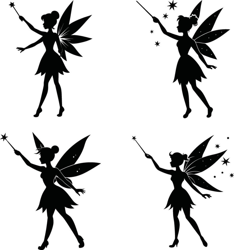 Black silhouette set of fairies with magic wands on white background vector