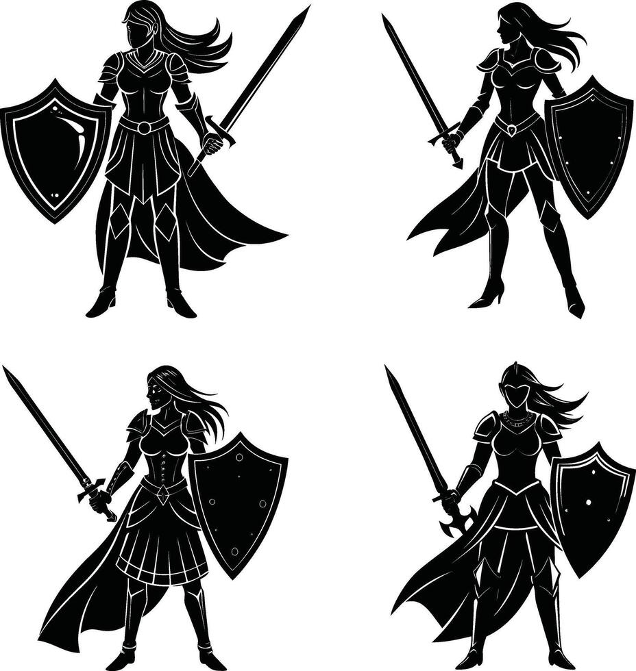 Black silhouette set of armored female knights with swords and shields vector