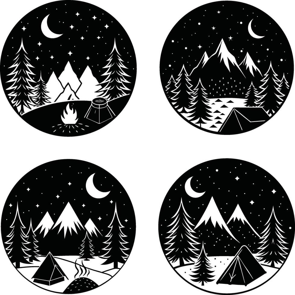 Black and white camping scenery set featuring mountains trees moon and stars vector