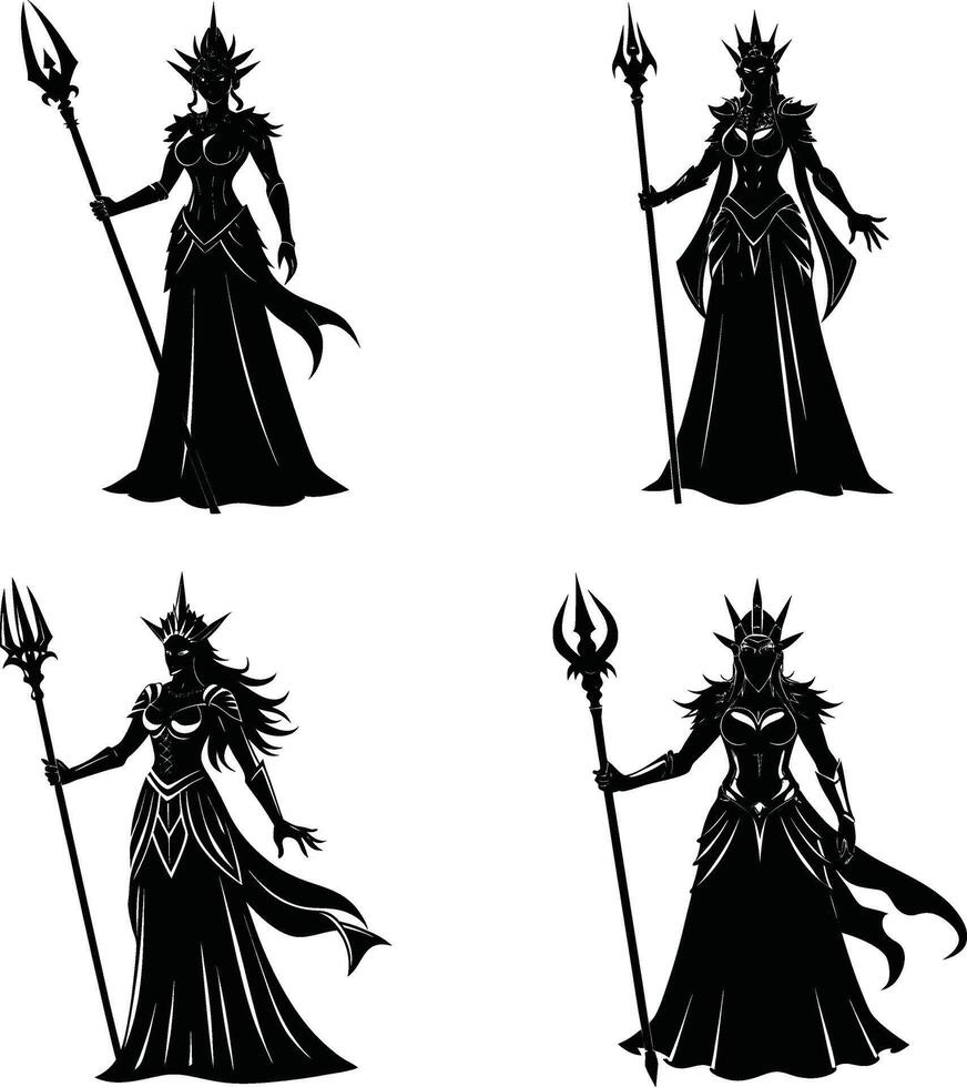 Silhouetted goddess warrior with trident pose collection illustration vector