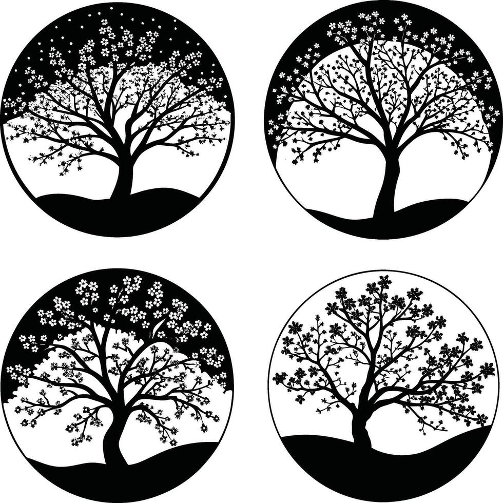 Set of blossom tree illustrations in circular frames black and white silhouettes vector