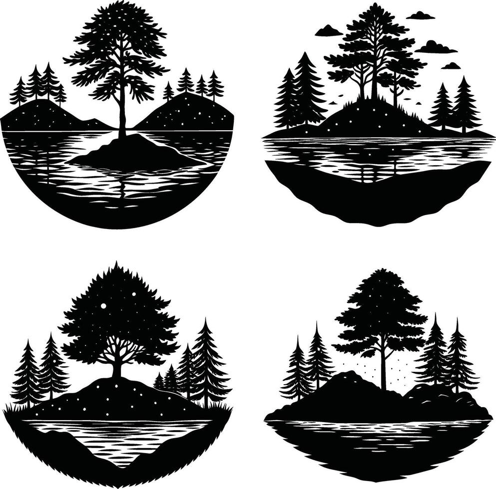 Four monochrome landscape set tree silhouette illustrations isolated on white background vector