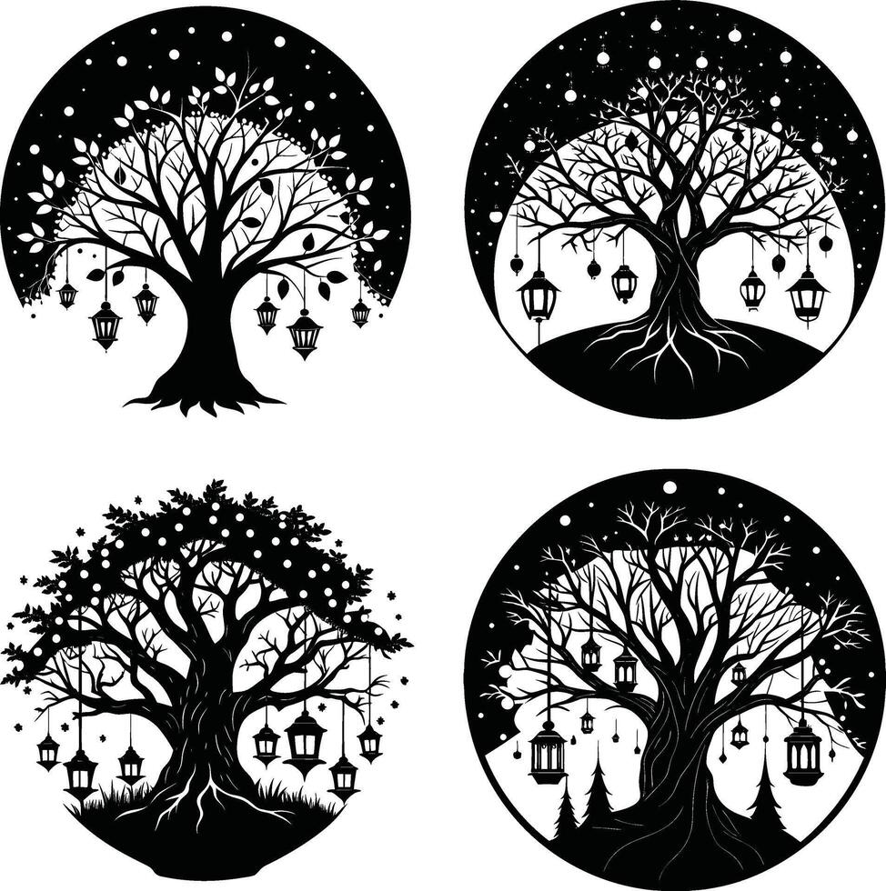 Four decorative trees with lanterns silhouette collection illustration vector