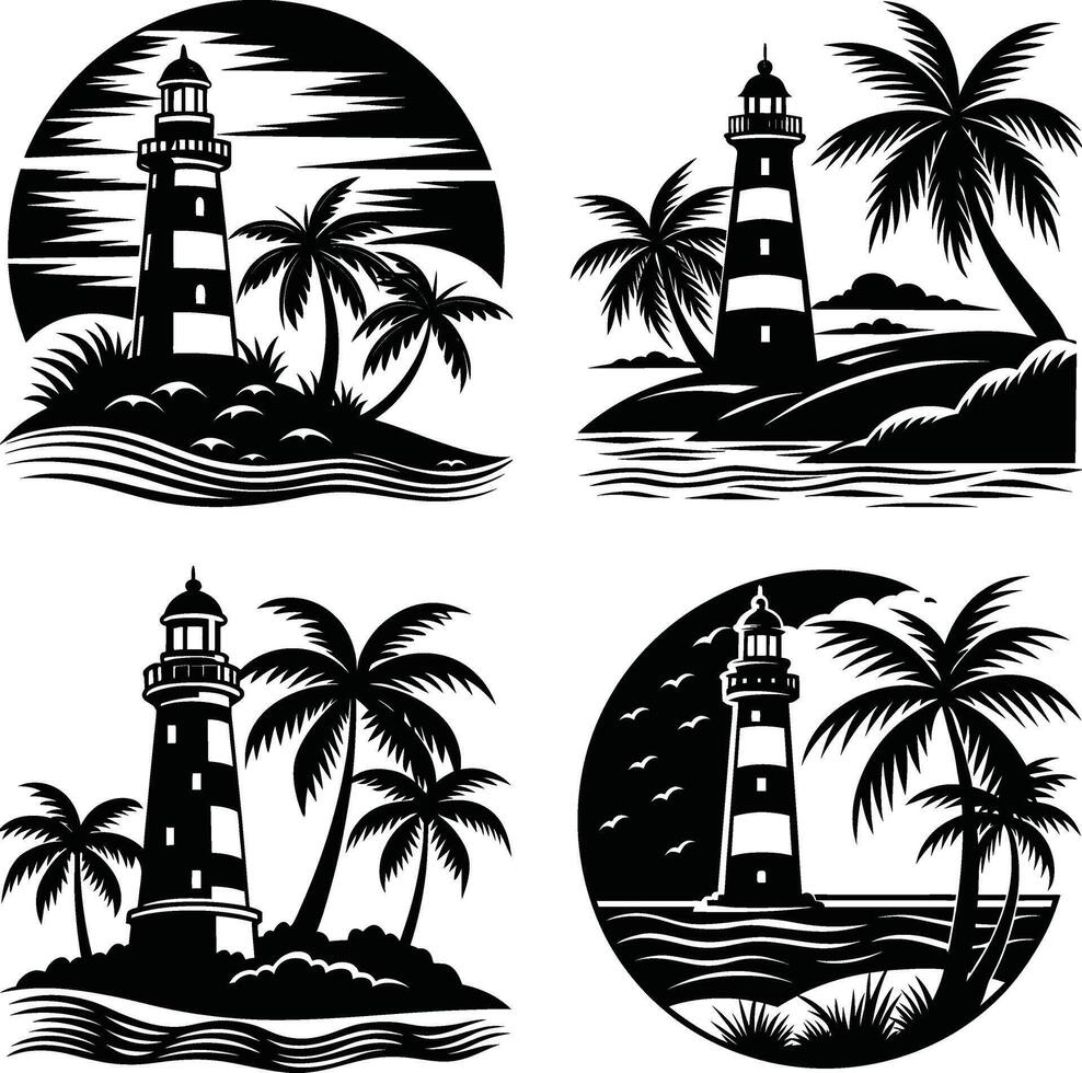 Lighthouse and palm tree silhouette collection set black and white graphic vector