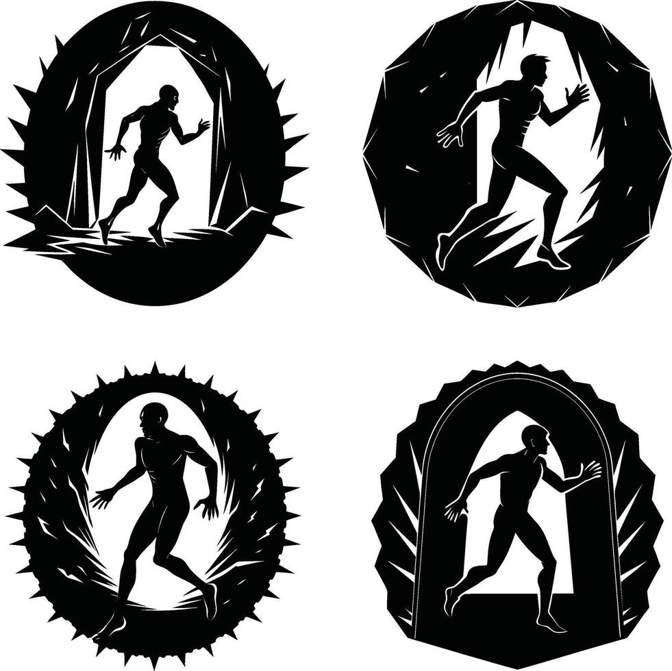 Silhouette man running through ornate gateways black and white graphics vector