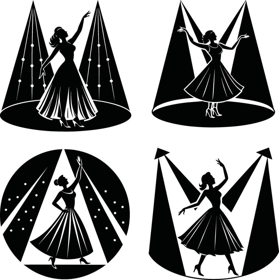 Retro dancers silhouettes under spotlights black and white elegant vintage style vector