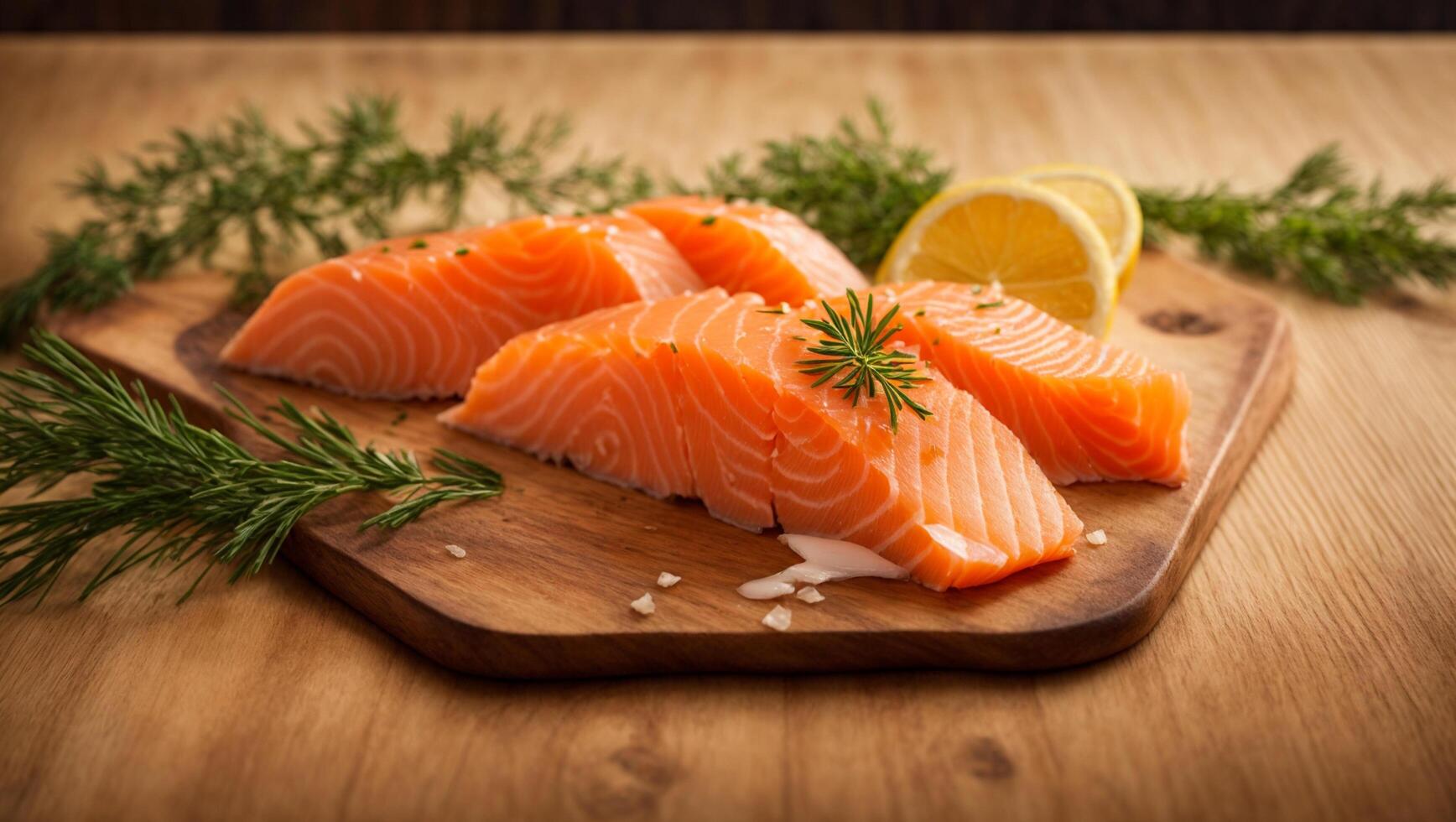 Salmon fillets on a wooden cutting board with lemon slices photo