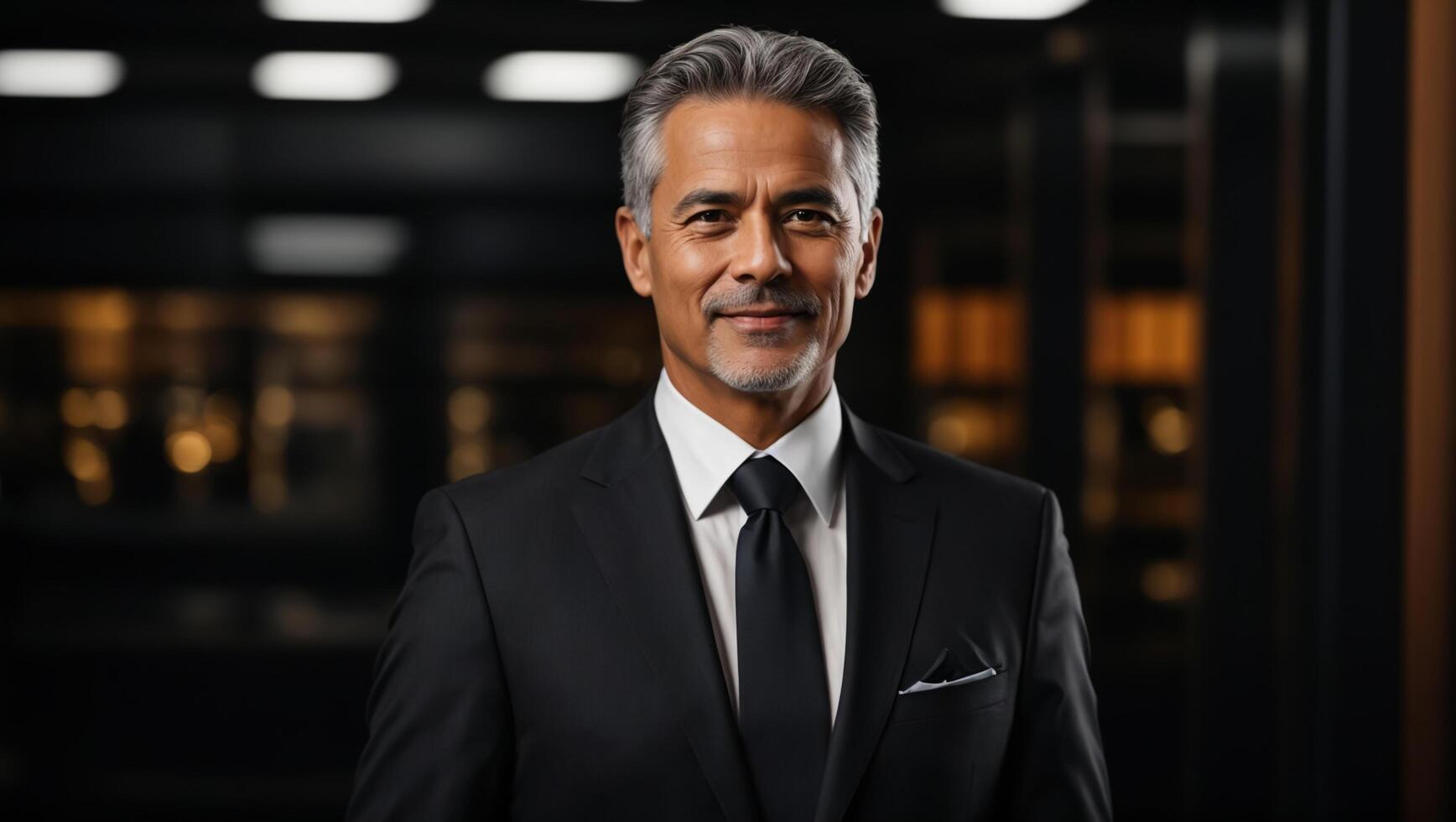 A man in a suit and tie standing in front of a black background photo
