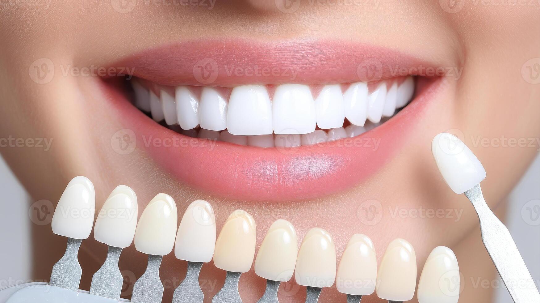 Close up of smiling mouth showing white teeth with dental shade guide for teeth whitening comparison and bright smile photo