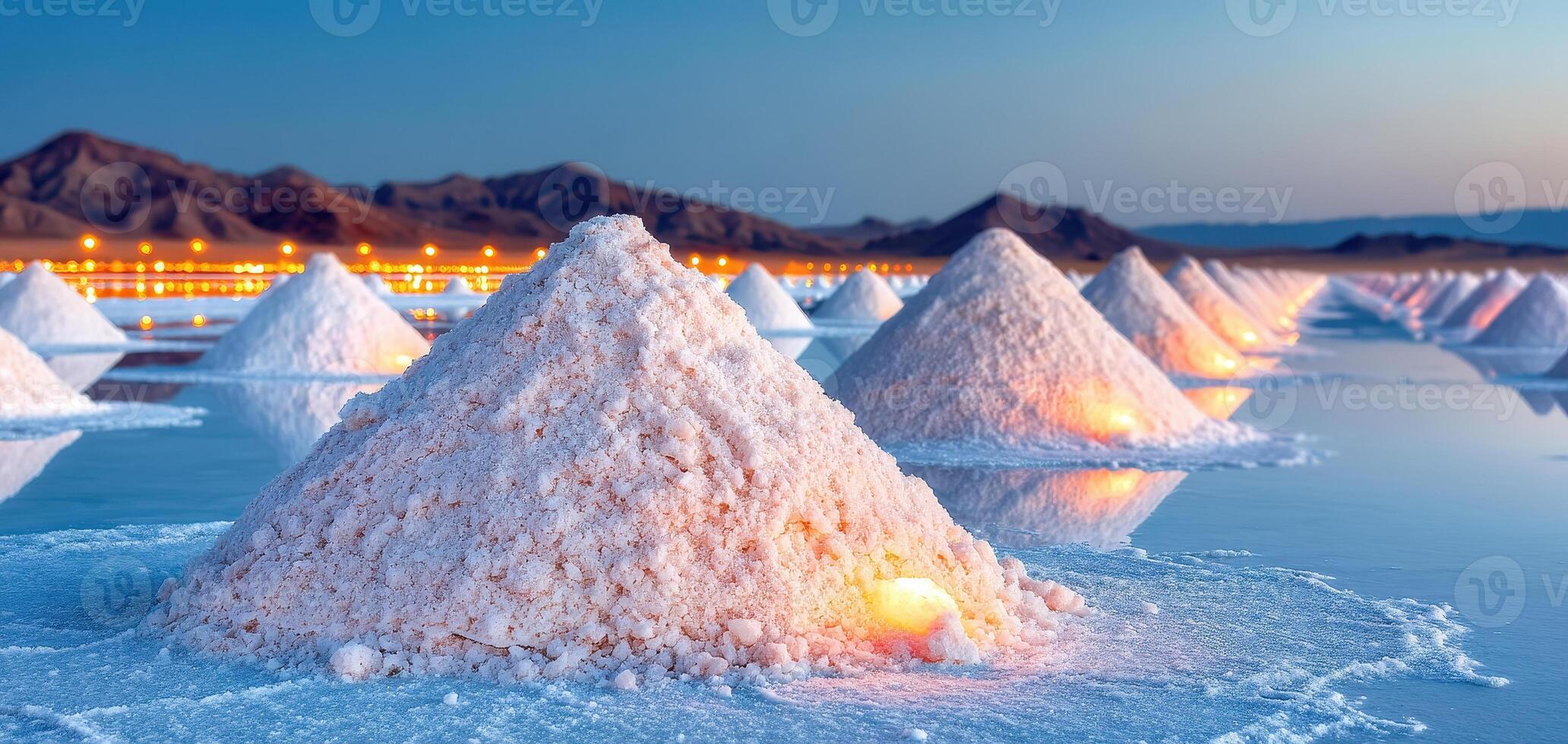 Salt piles at salt flat during sunset with mountains in background and glowing reflections on water surface photo
