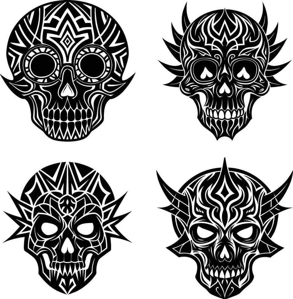 Four decorative black and white skull designs with intricate tribal patterns vector